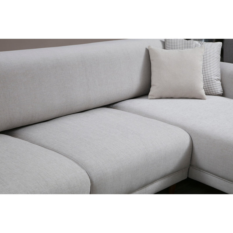 Canapé-lit d'angle, tissu beige, 113,0 po x 66,5 po x 33,5 po | Structure en bois de hêtre et en carton, 100% polyester, mousse à ressort 10 cm, coussins 60% cassé / 40% mousse de silicone | Comprend 2 coussins de 18 po x 18 po, design élégant et fonctionnel