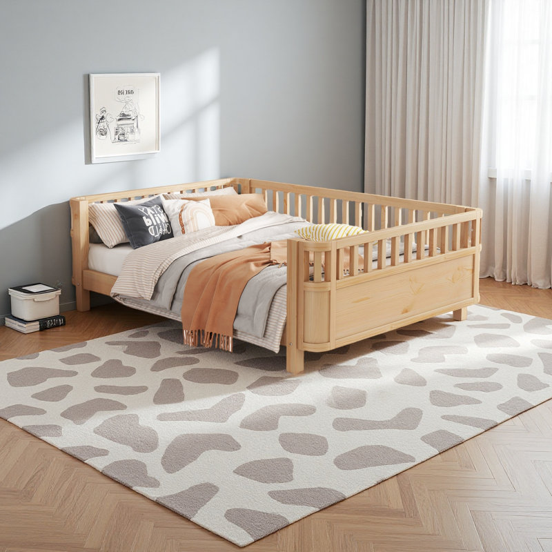 Lit plateforme en bois pour enfants, lit à profil bas en bois avec rails, Natural, Lit double