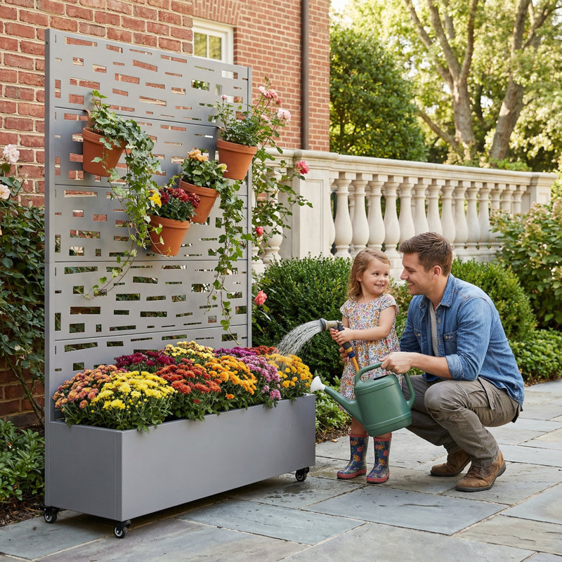 Metal Planter Box with Trellis with Wheels, 72" H x 47" W x 16" D, Grey