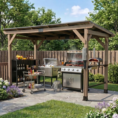 6 X 12 Ft. Cedar Wood Gazebo With USB Charging Socket, Storage Shelving And Bar Counter, Galvanized Steel Hardtop For Outdoor Patio, Deck, Backyard
