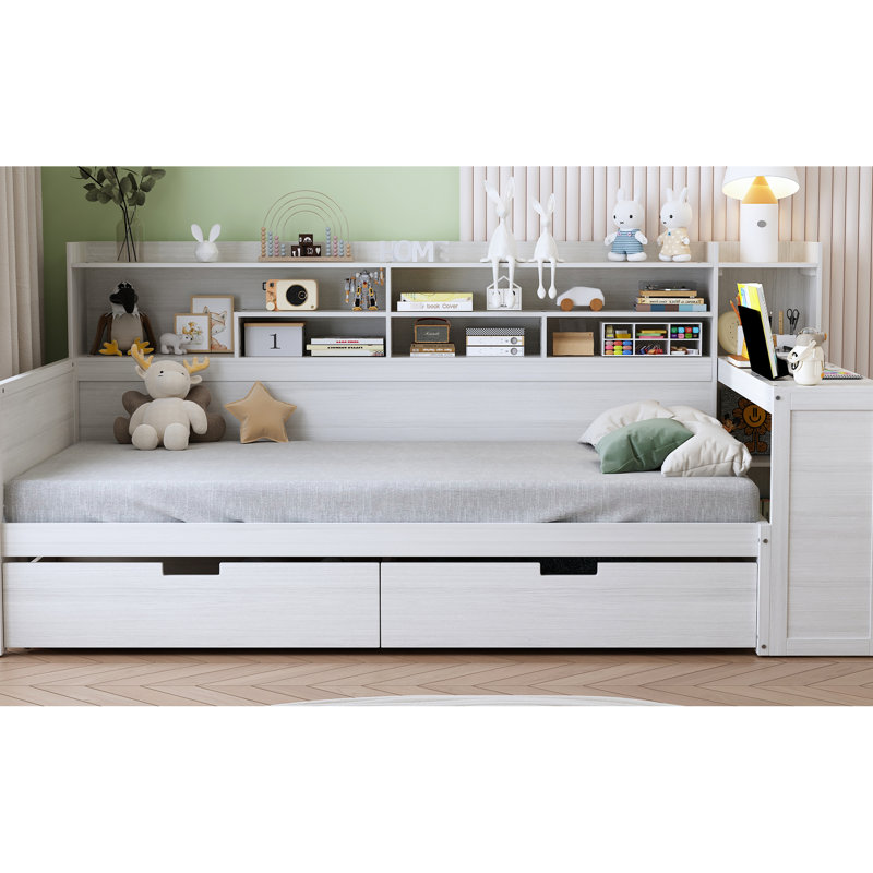 Lit de jour simple en bois avec rangement inférieur et bureau d'étude, attrait multicouche blanc antique, Blanc antique