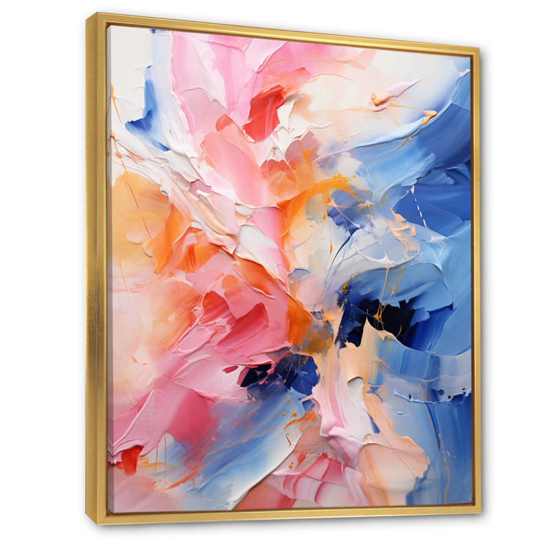 Fusion rose, bleu et fleurs I, H 32 po x l 24 po x P 1 po, Cadre flottant doré