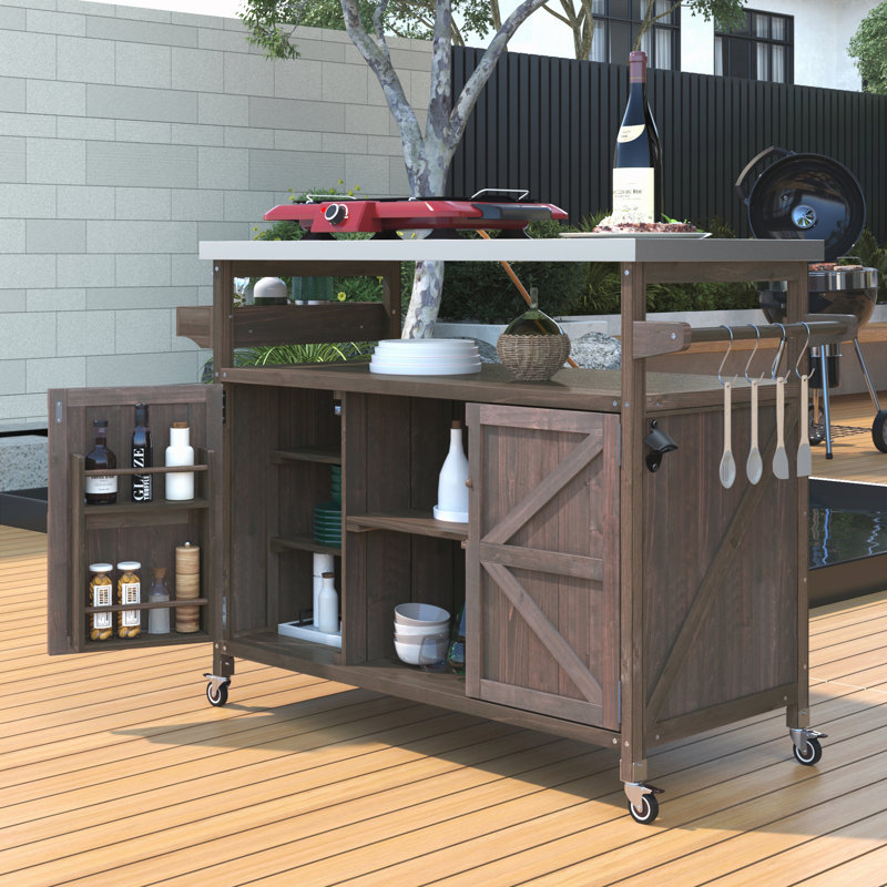 Outdoor Kitchen Island, Rolling Bar Cart & Storage Cabinet, Farmhouse Solid Wood Outdoor Grill Table with Stainless Steel Top, Spice Rack , Towel Rack for Kitchen & Barbecue, Black