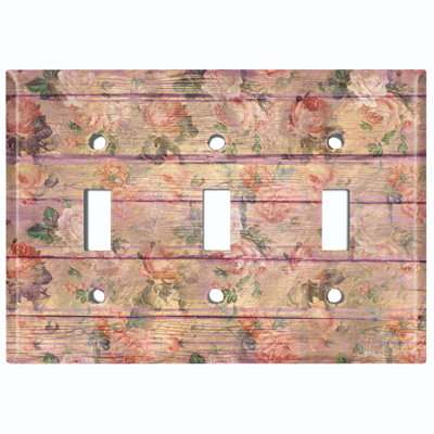 Metal Light Switch Plate Outlet Cover (Purple Tint Wood Print Pink Rose Flower Fence - Triple Toggle)