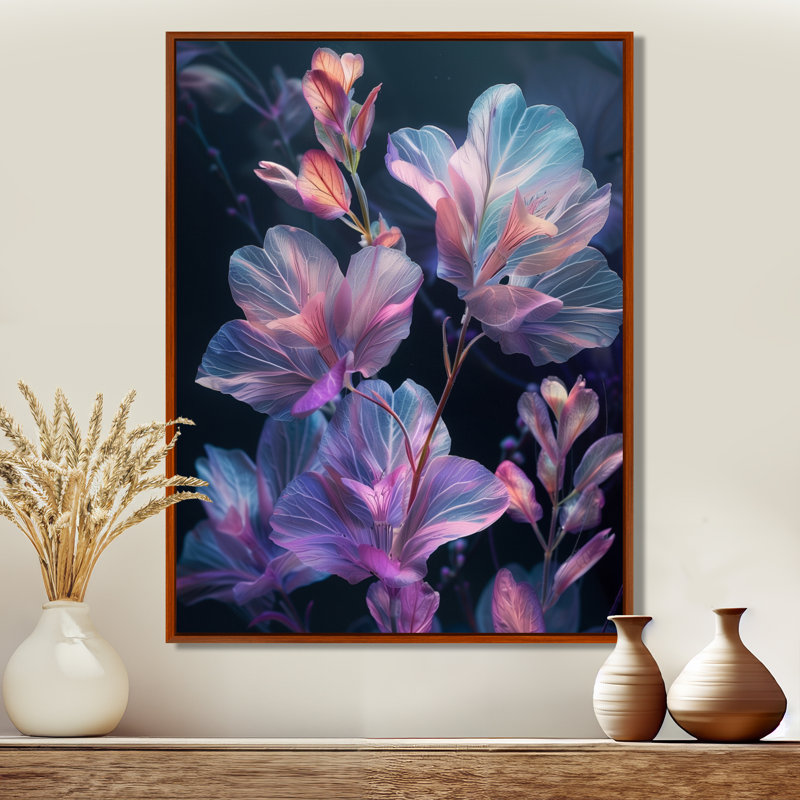 Rose rose, bleu, fleur de pomme II, H 12 po x l 20 po, Encadrement argenté