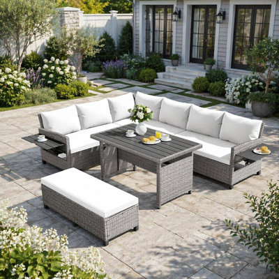 5-Piece Outdoor Patio Rattan Sofa Set, Sectional PE Wicker L-Shaped Furniture with Extendable Side Tables and Washable Covers