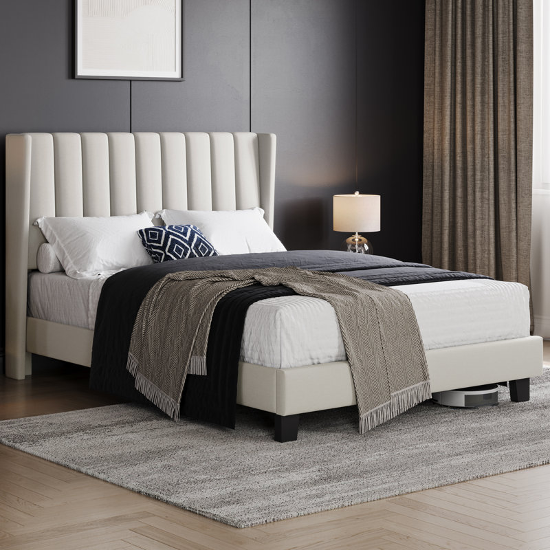 Upholstered Bed Frame with Channel Tufted Headboard, Beige, Double (4'6)