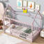Lit simple sur pied rose avec structure de toit en bois et garde-corps, cadre de lit pour enfants Montessori
