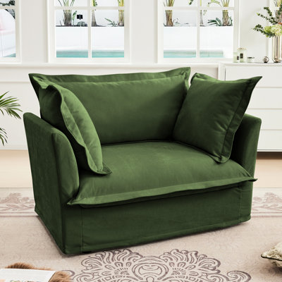 Hillcrest Green Chenille Slipcovered Armchair With 1 Back Cushion & 2 Toss Pillows – Deep Seat Comfy Single Sofa Chair With Removable Covers