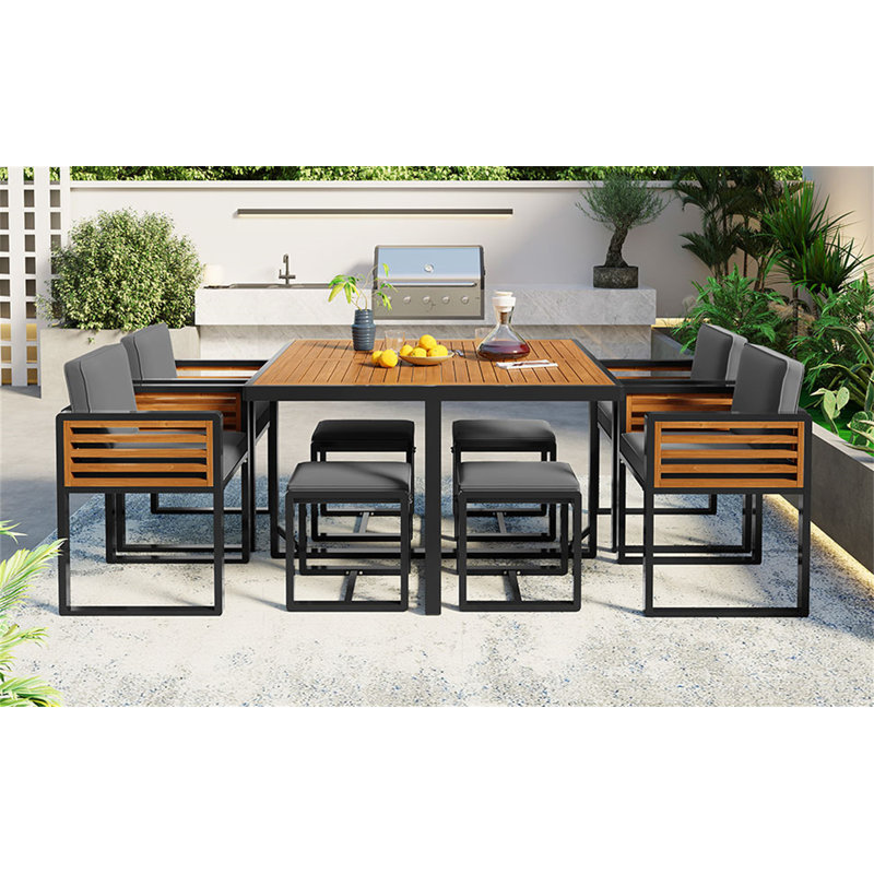 Ensemble repas de patio en bois d'acacia 9 pièces GO, Gris