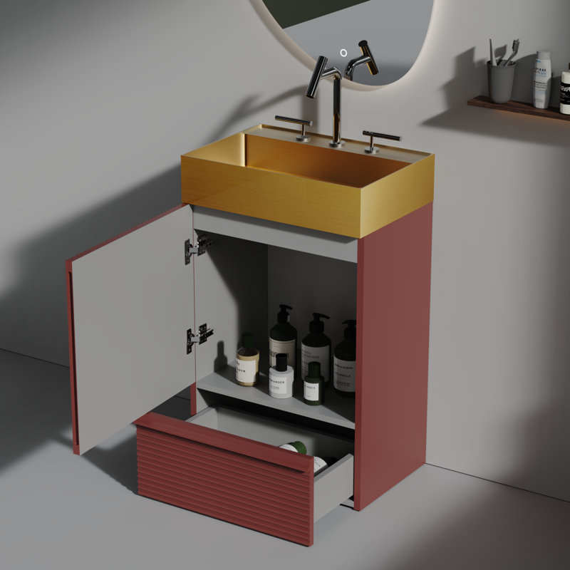 Meuble-lavabo autoportant pour salle de bain moderne à rayures 20 po avec lavabo doré brossé, Rouge