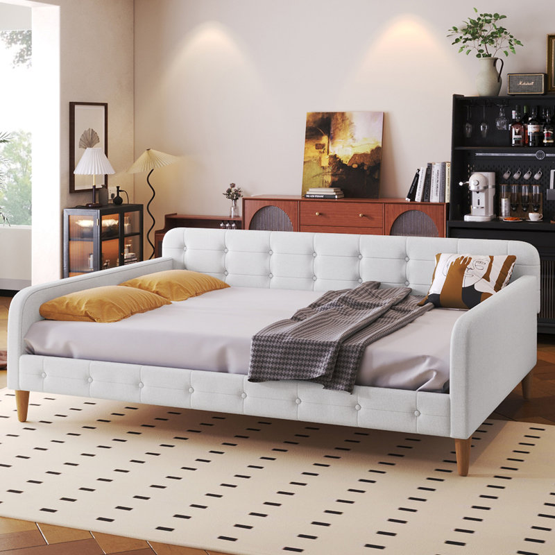 Lit de jour rembourré avec 4 pieds de soutien, Beige, Complet/Double