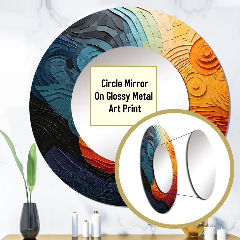 Teal Orange Op Art Rhythmic Illusion II - Op Art Decorative Wall Mirror, Teal Large Round Mirror, Printed Metal Art