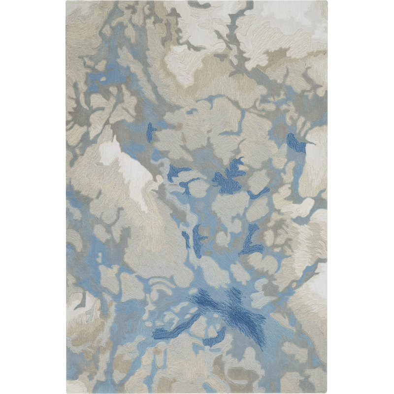 Tapis abstrait en polyester touffeté à la main beige / bleu, Rectangle 3 pi 9 po x 5 pi 9 po