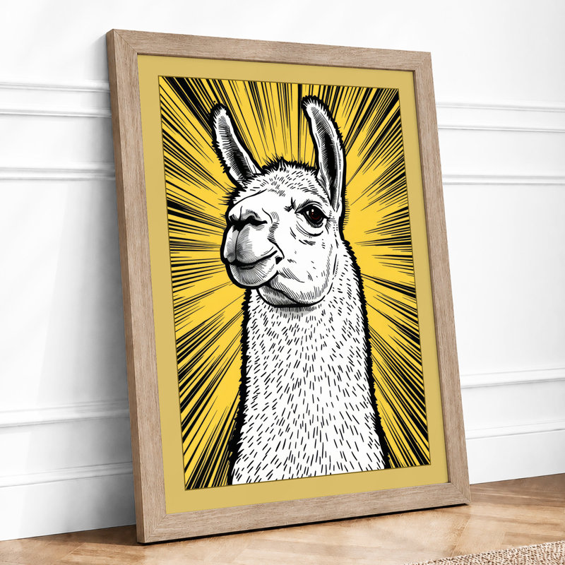 Llama Portrait Modern - Framed Print, A3 - 42.0 x 29.7 cm, Oak
