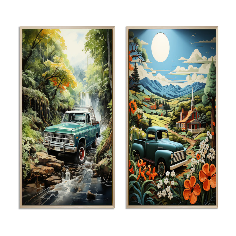 «Green Pickup Truck Enchanting Waterfall», 2 pièces, H 24 po x l 20 po, Encadrement brun