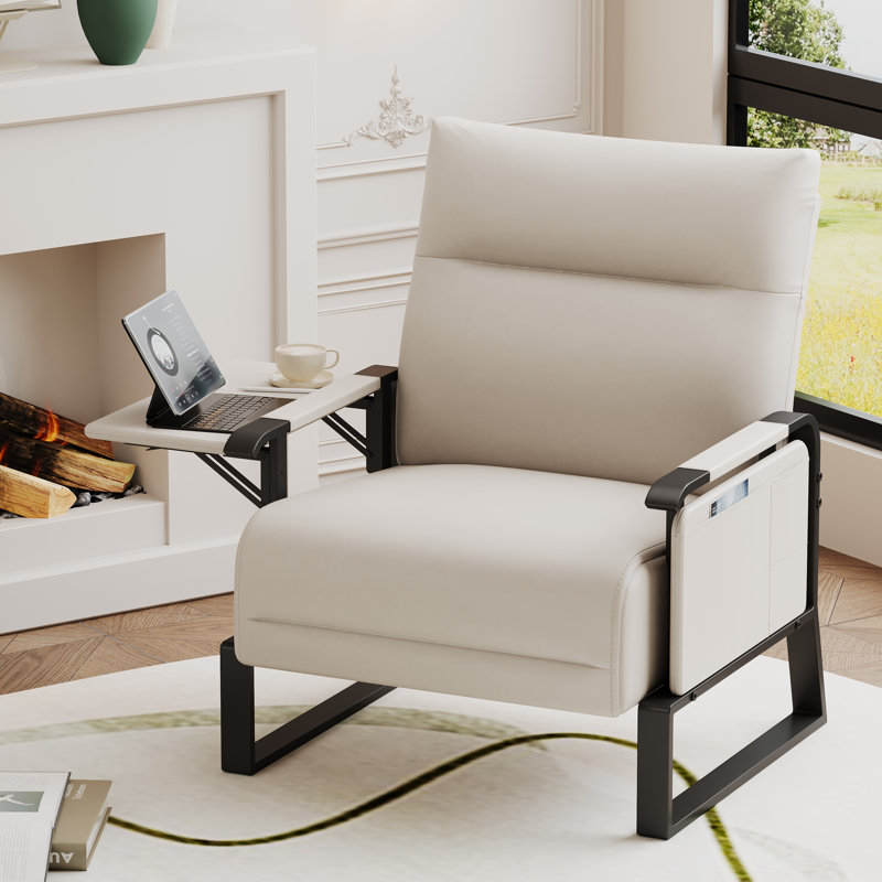 Chaise d'appoint rembourrée à cadre galvanisé haute résistance avec plateau latéral et poche latérale, Beige