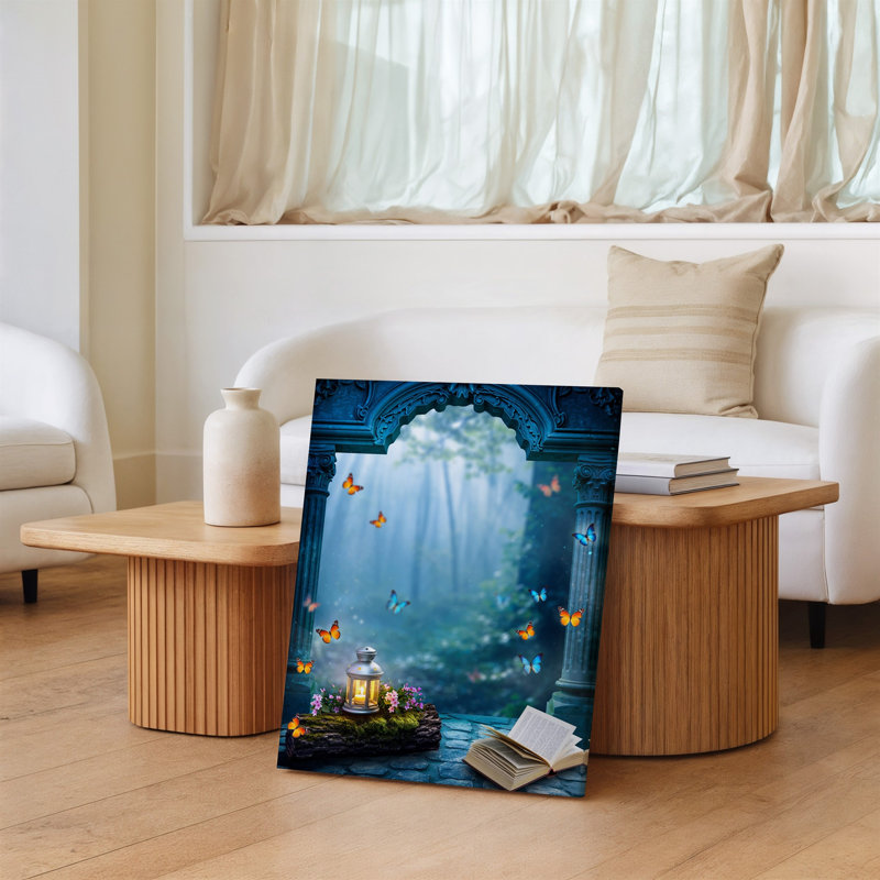 Toile, "Une scène de forêt magique" encadrée par une arche ornée avec art mural, H 14 po x l 11 po