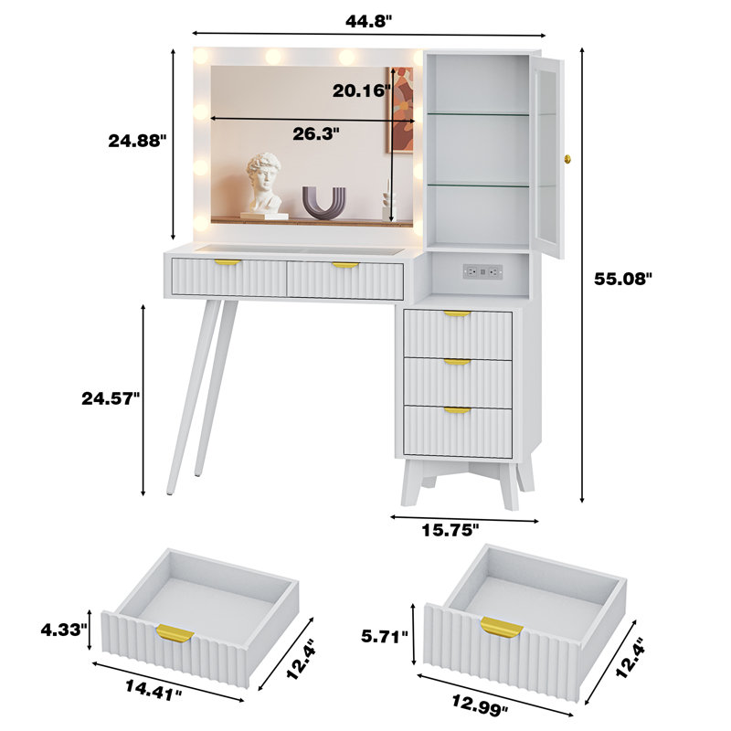 Fluted Vanity Desk With LED Mirror, 5 Drawers & RGB Glass Cabinet & Charging, White