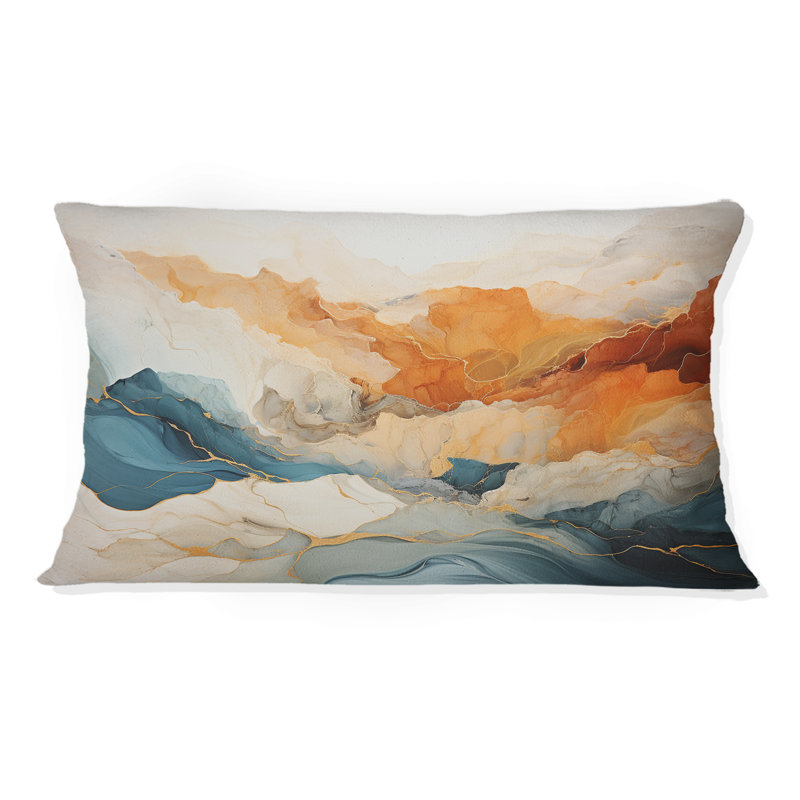Coussin décoratif abstrait à imprimé abstrait orange et bleu River