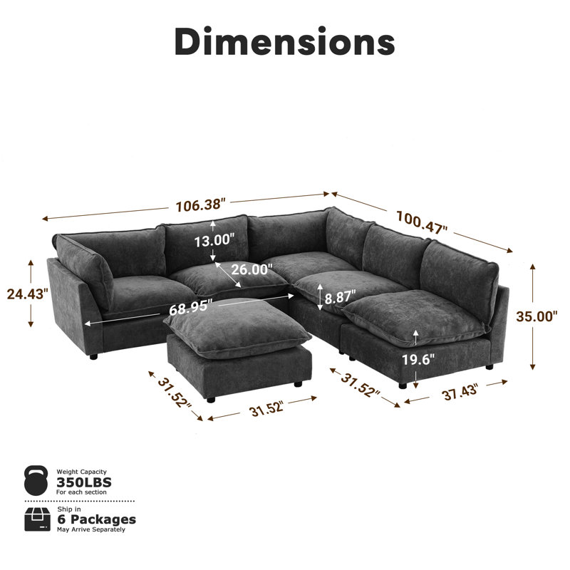 Canapé modulaire surdimensionné à 6 places Annamaria, Dark Grey Chenille