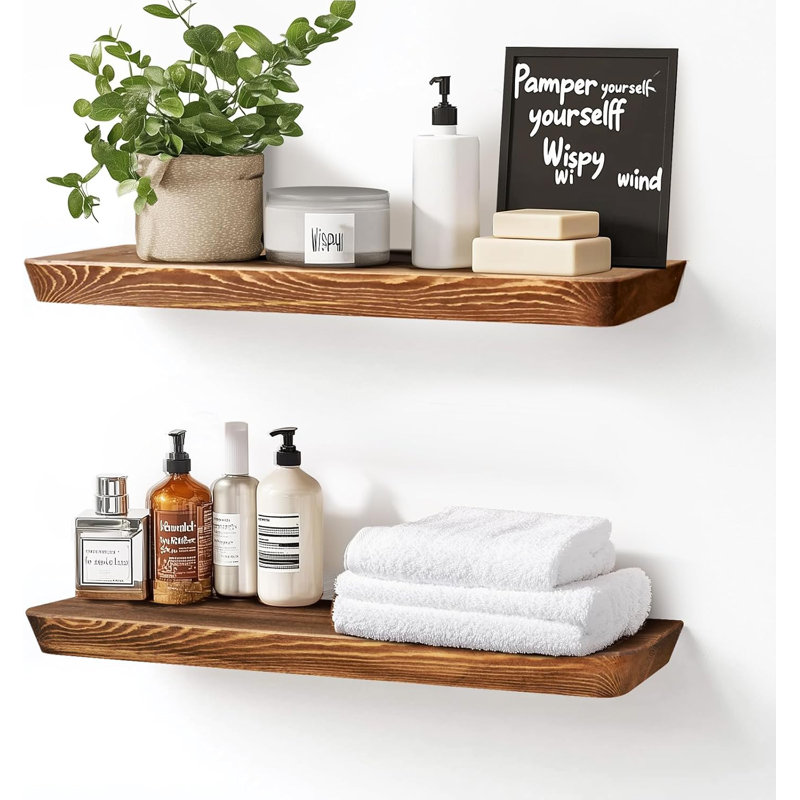 Ensemble de 2 tablettes murales flottantes 24 po en bois massif brun rustique inclinées avec supports cachés