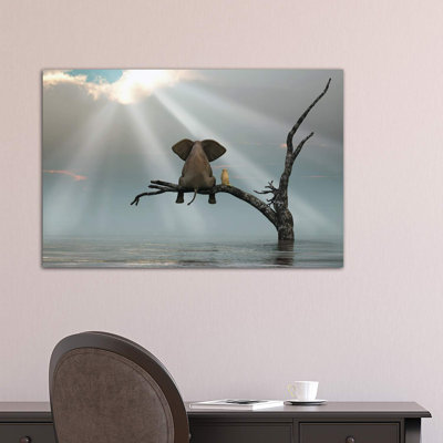 " Elephant And Dog Are Sitting On A Tree Fleeing A Flood " by Mike Kiev