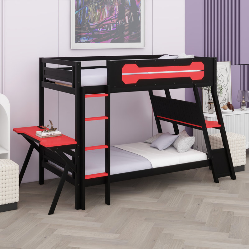 Dual-Station Gaming Bunk Frame Featuring Integrated Desks, Power Ports, And Customizable Pegboard Panels, Red