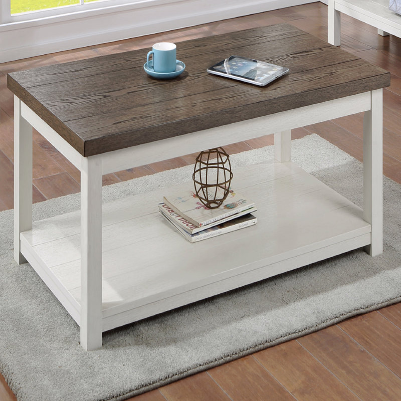 1Pc Farmhouse Style Brown Coffee Table With White Base Rectangular Top And Casters
