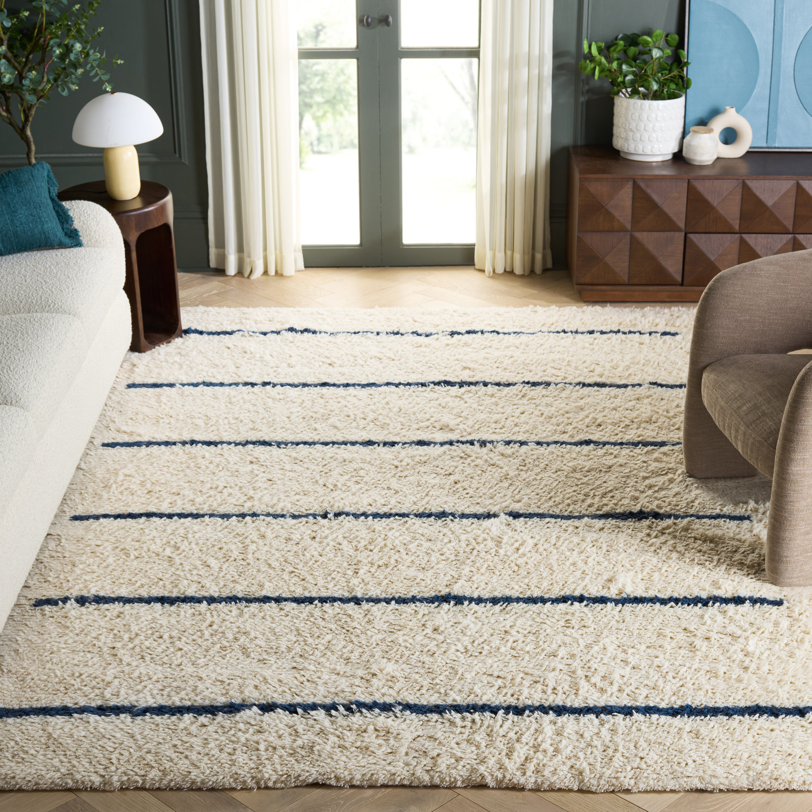 Mayer Ivory Navy Hand-Knotted Striped Wool Rug, Rectangle 9' x 12'
