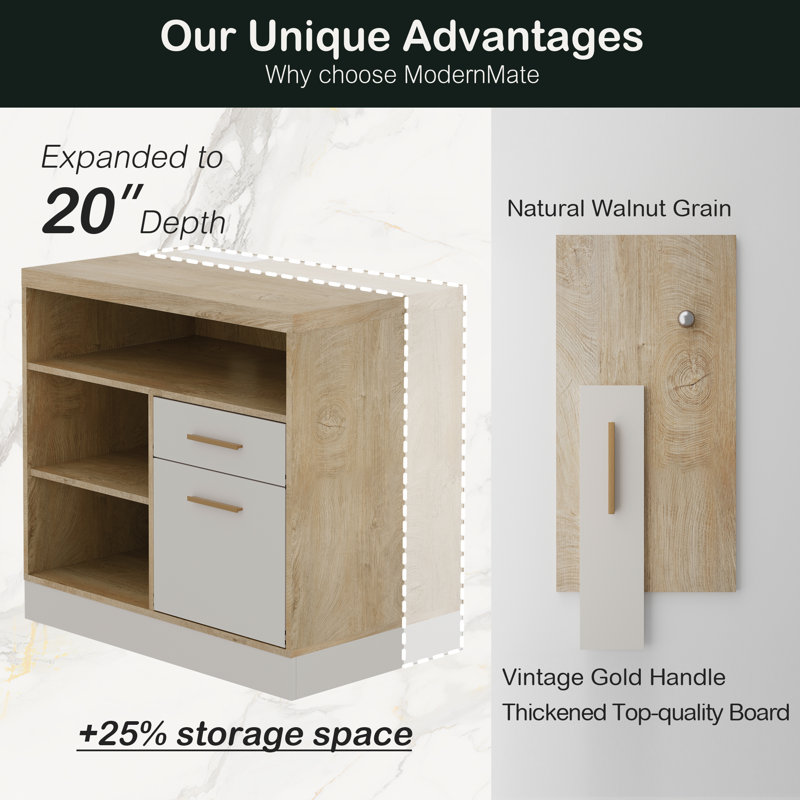 Classeur Adonia 80 cm (L) à 2 tiroirs en bois avec serrure, multiprise et étagères de rangement, idéal pour le bureau à domicile, fini noyer blanc