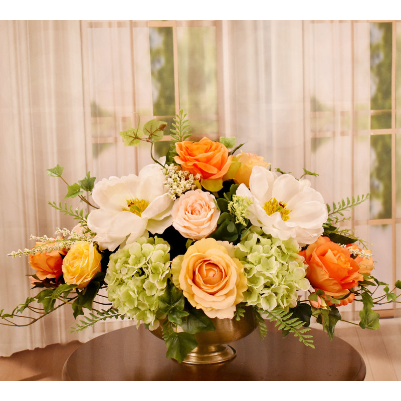White and Peach Silk Floral Arrangement in Brass Bowl