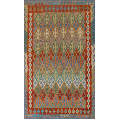Tapis bleu / rouge / crème en laine tissé à plat à la main à motif géométrique 6 pi 7 po x 9 pi 6 po