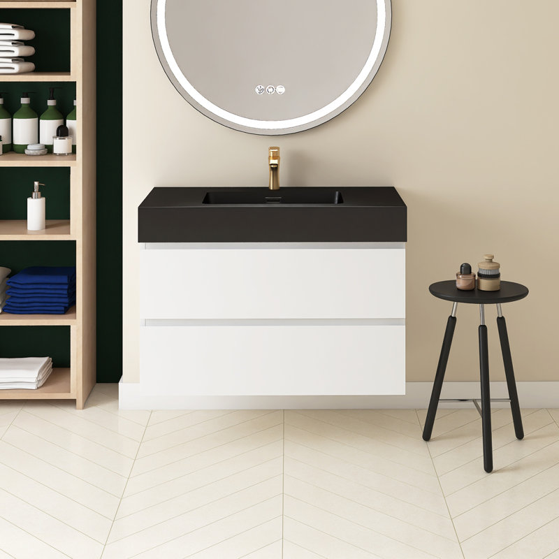 Meuble-lavabo simple 36 po avec plateau Semyah, Noir, Blanc