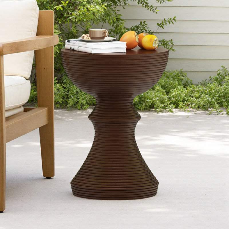 16" Ribbed Brown Concrete Outdoor Side Table With Hourglass Design – Weather-Resistant Accent
