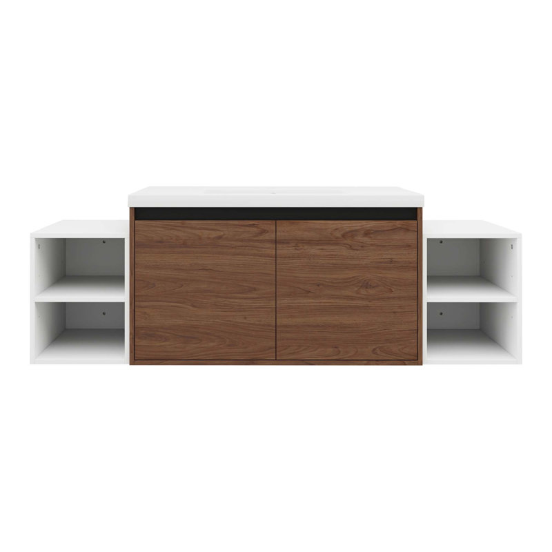 Meuble-lavabo mural avec lavabo en résine et deux tablettes de rangement, 59"