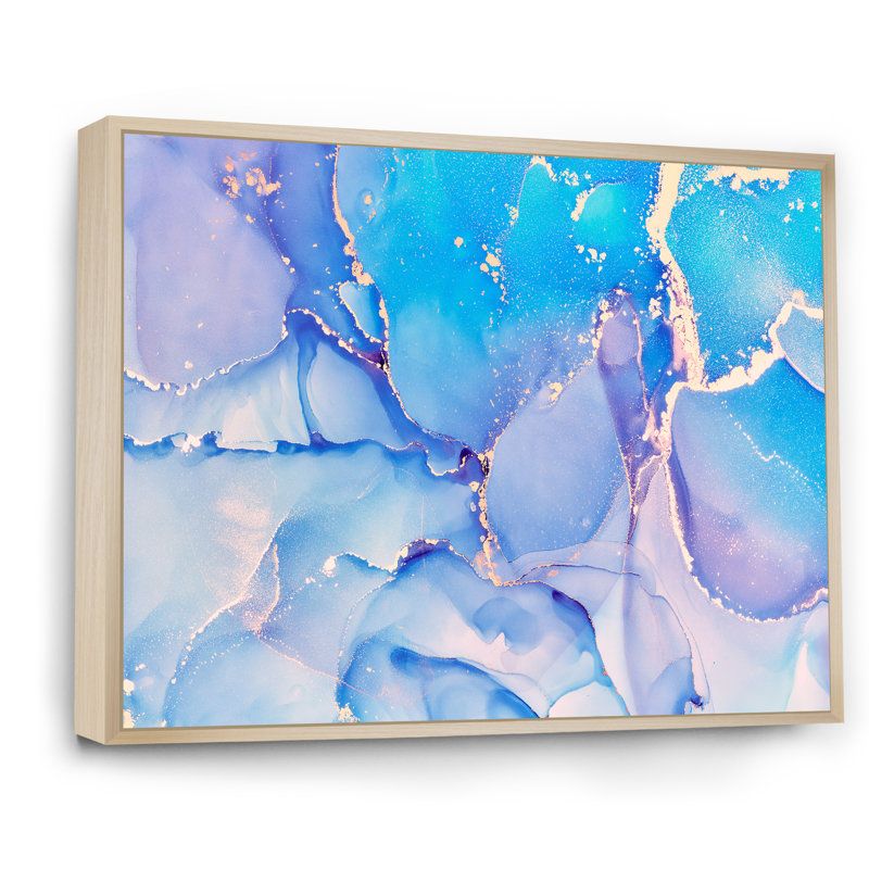 " Light Blue Abstract Liquid Ink Art ", Brown Floater Framed, 34" H x 44" W x 1.5" D
