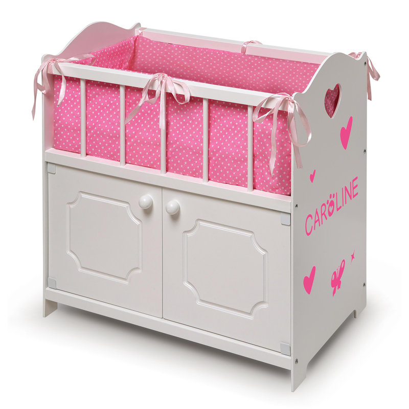 Storage Doll Crib with Bedding and Free Personalization Kit - White