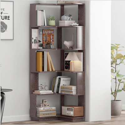 90cm (35.43") extended size 5-Tier Freestanding L-Shaped Corner Bookshelf For Living Room, Bedroom, home office Wooden Bookcase with anti-drop panel and anti tipping device, Display shelf Open storage