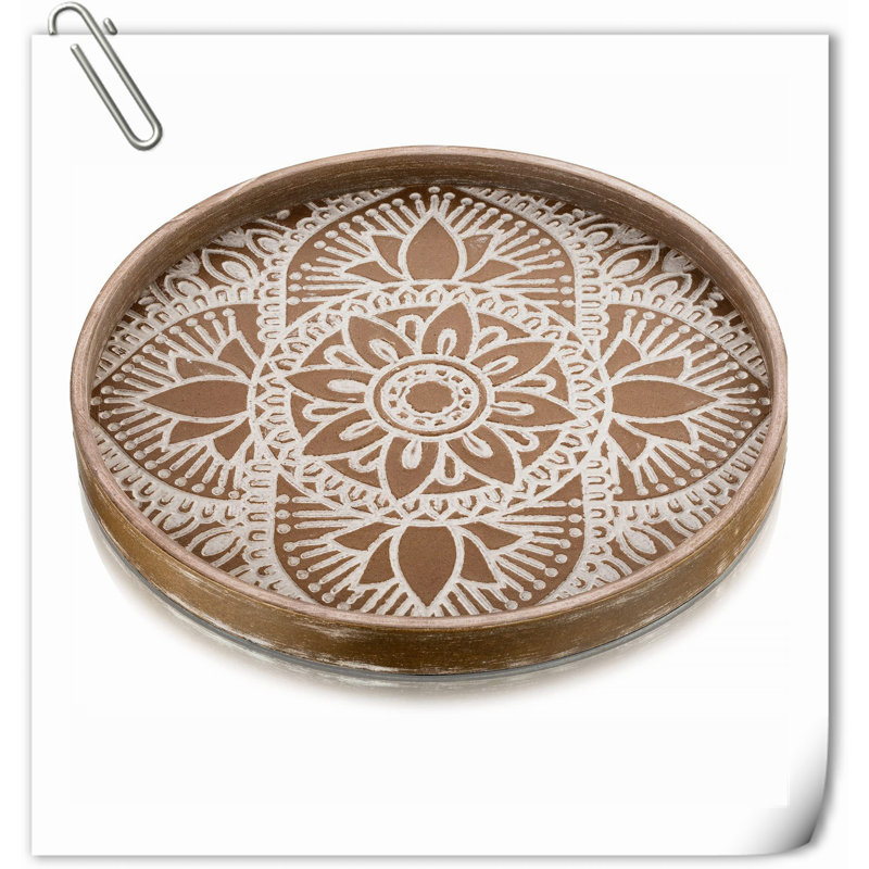 Brown Floral Pattern Round Wooden Serving Tray