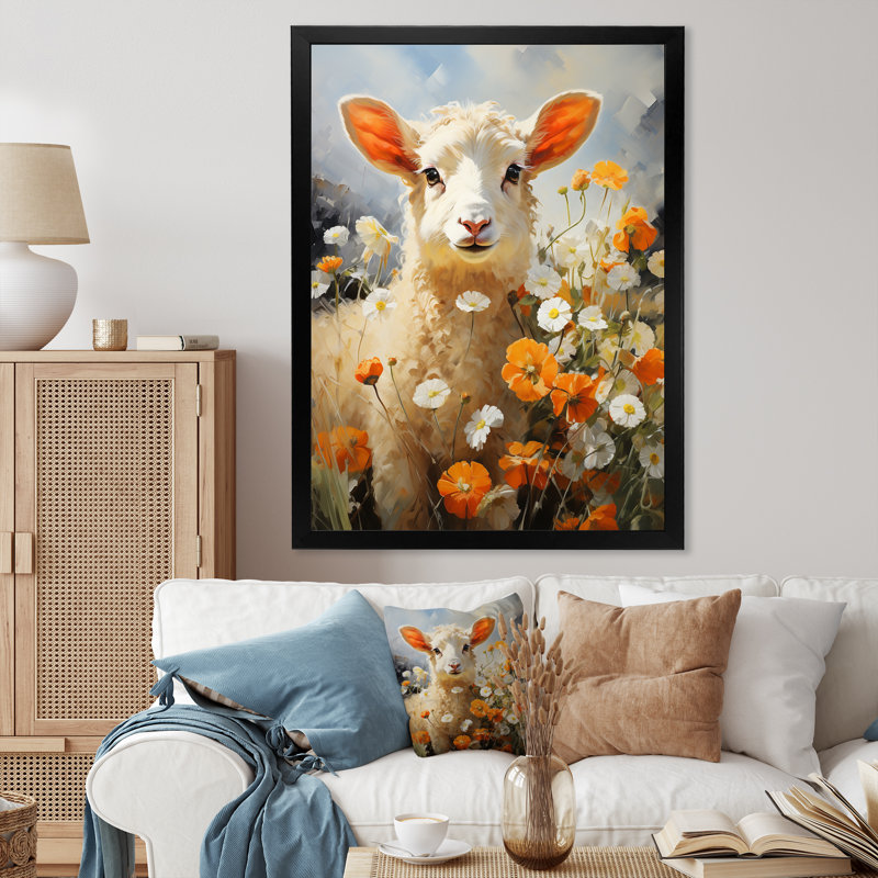 Sheep In Daisies - animaux, impressions sur toile, H 40 po x l 30 po x P 1,5 po, Cadre photo noir