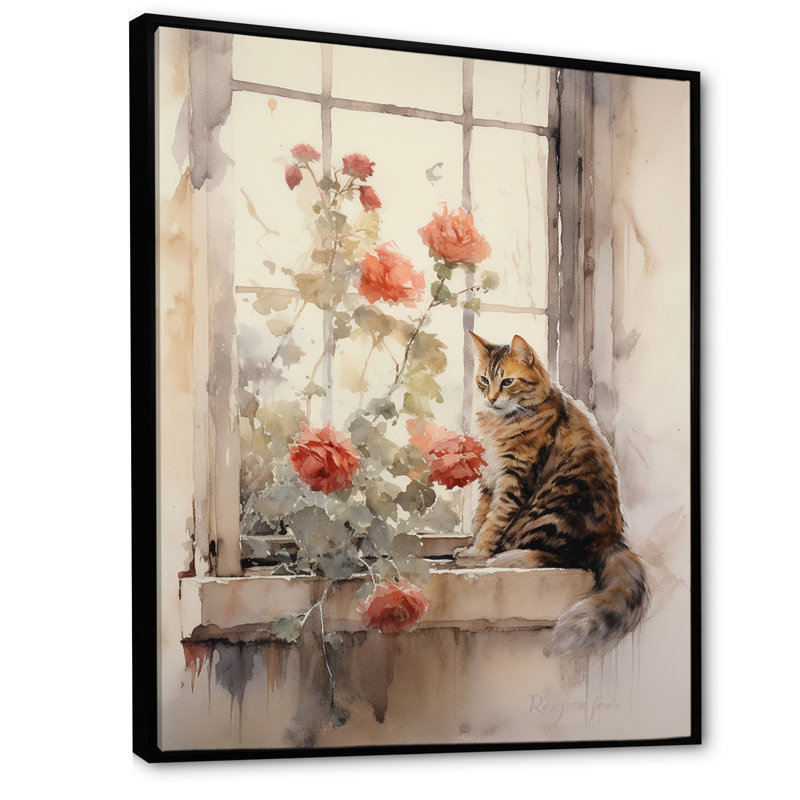 Chat brun assis sur une fenêtre, impression sur toile, H 20 po x l 12 po x P 1 po, Cadre flottant noir