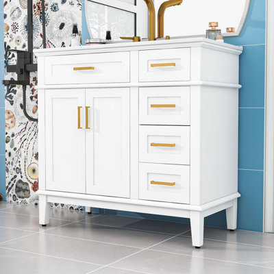 Meuble-lavabo simple autoportant en bois moderne avec lavabo en céramique et grand rangement
