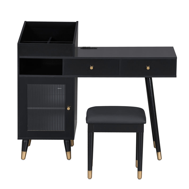 Modern Makeup Vanity Desk With Drawers, Cabinet & Charging Port, Space-Saving Dressing Table Set With Stool For Small Places