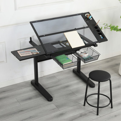 Bureau à dessin à manivelle réglable avec 2 tiroirs en métal