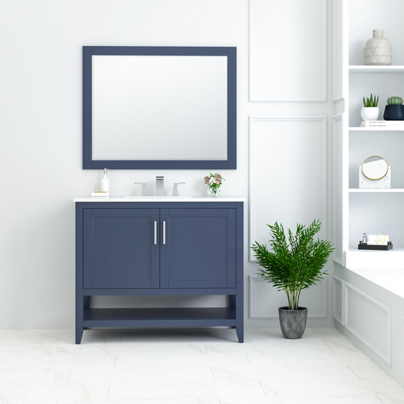 Bernharda l 40 po x H 32 po Miroir de salle de bain rectangulaire à cadre moderne et contemporain bleu marine, Bleu marine