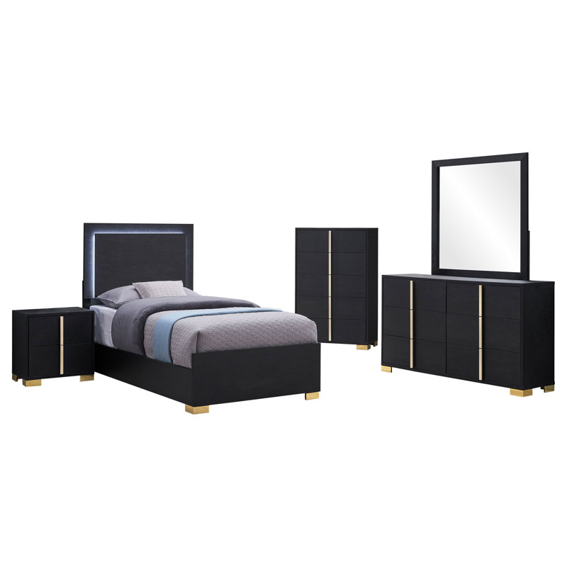 Ensemble de chambre à coucher 5 pièces Sabrielle, Simple, Noir, 5 Pcs: Bed, Nightstand, 2 Dressers, Mirror