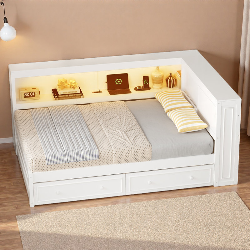 Lit de jour multiple avec tablettes de rangement, USB, DEL et 2 tiroirs, Blanc