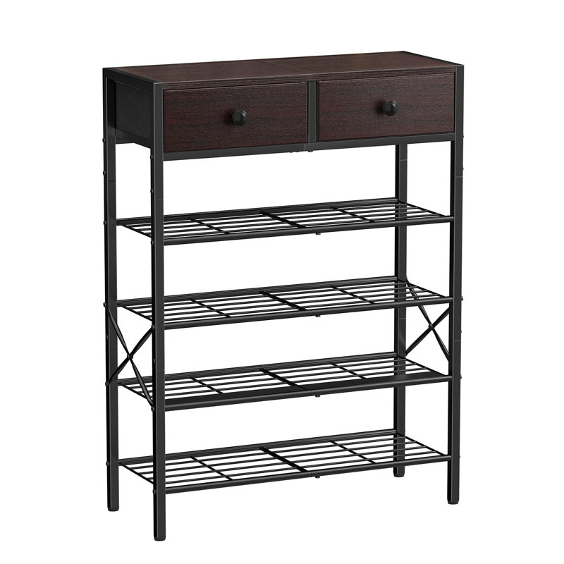 Shoe Rack for Entryway, 5 Tier Shoe Organizer with 2 Non-Woven Drawers, Metal Storage Shoe Shelf for 16-20 Pairs of Shoes,(Dark Brown)