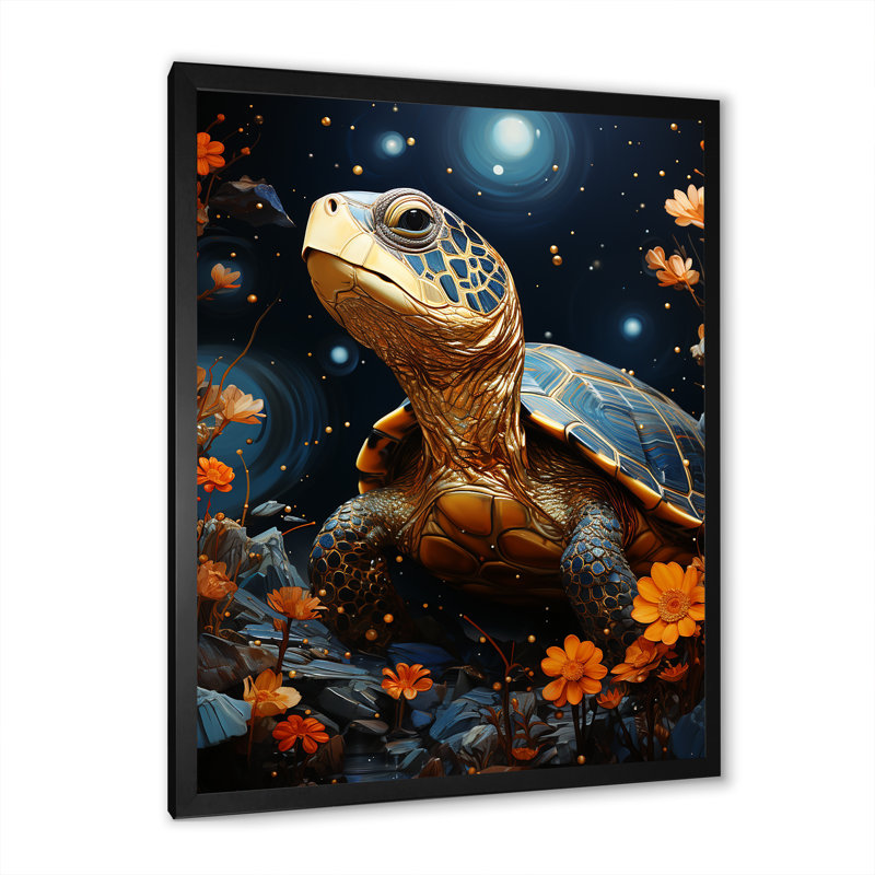 Tortue avec ciel étoilé sur toile, H 32 po x l 16 po x P 1 po, Cadre simple noir